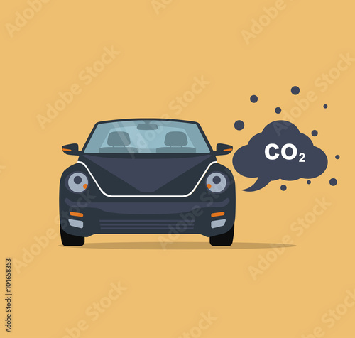 Car emits carbon dioxide. Flat style 
