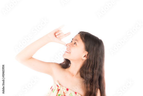 Portrait of little girl teenager pose on white background