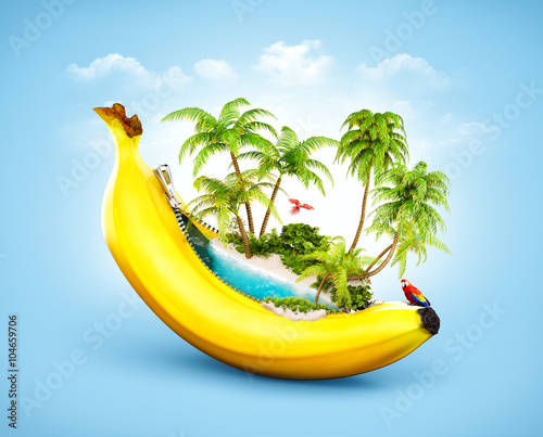 Amazing tropical beach with palms inside banana