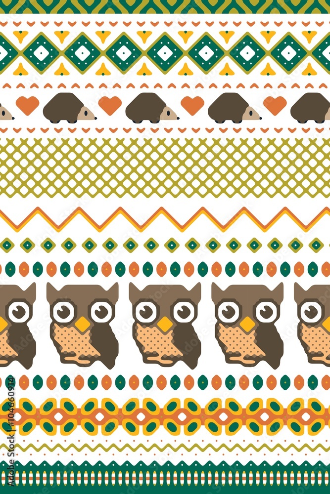 Hand drawn bright seamless pattern with folk ornament. Vector illustration.