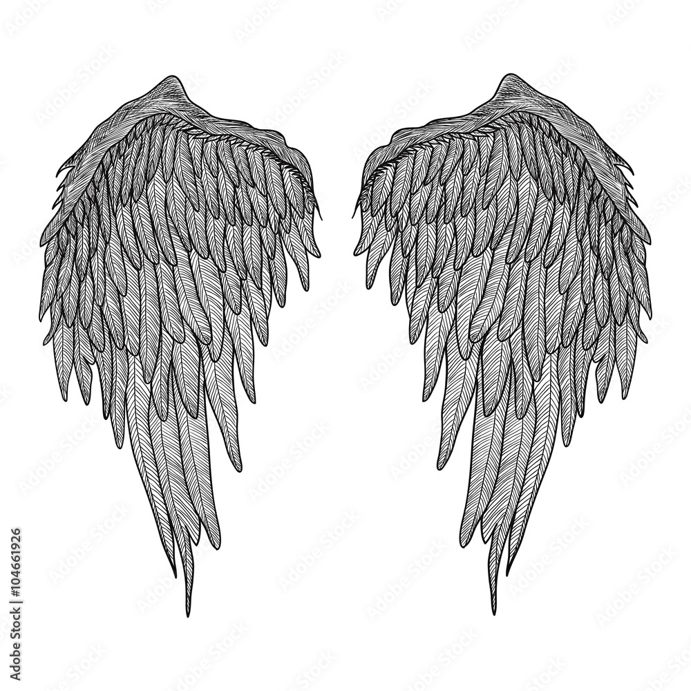 Angel wings. Black and white realistic illustration. Tattoo Stock Vector |  Adobe Stock