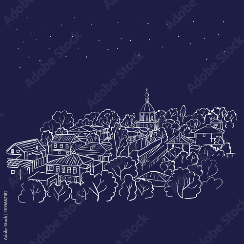 Night cityscape sketch. Vector illustration of doodle night town. 