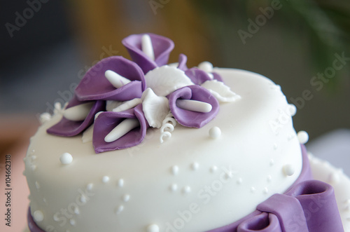White and Violet Wedding Cake with Ribbons
