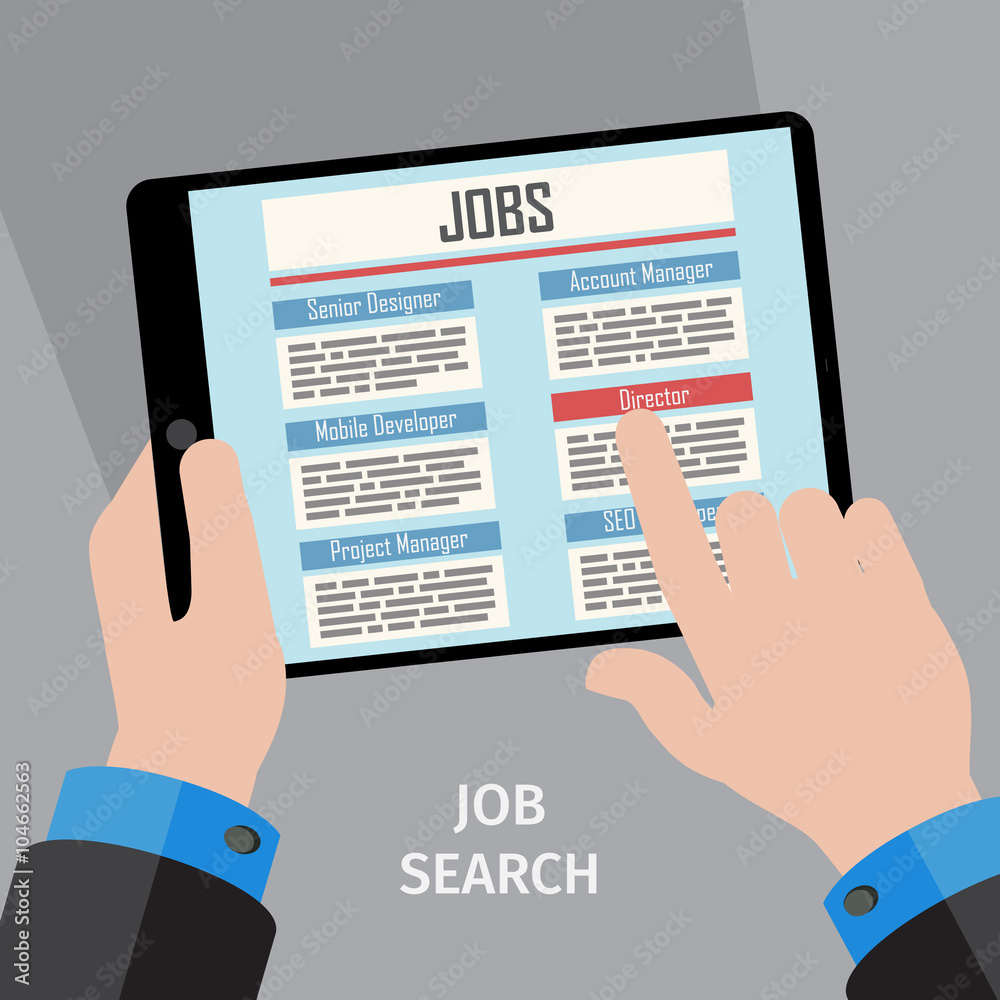 business man hands choosing on tablet proper job, vector illustration business man hands choosing on tablet proper job, vector illustration