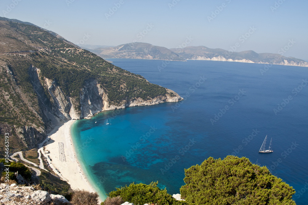 Myrtos Beach, Kefalonia, Greece  / Myrtos Beach is in the region of Pylaros, in the north-west of Kefalonia island, in the Ionian Sea of Greece.