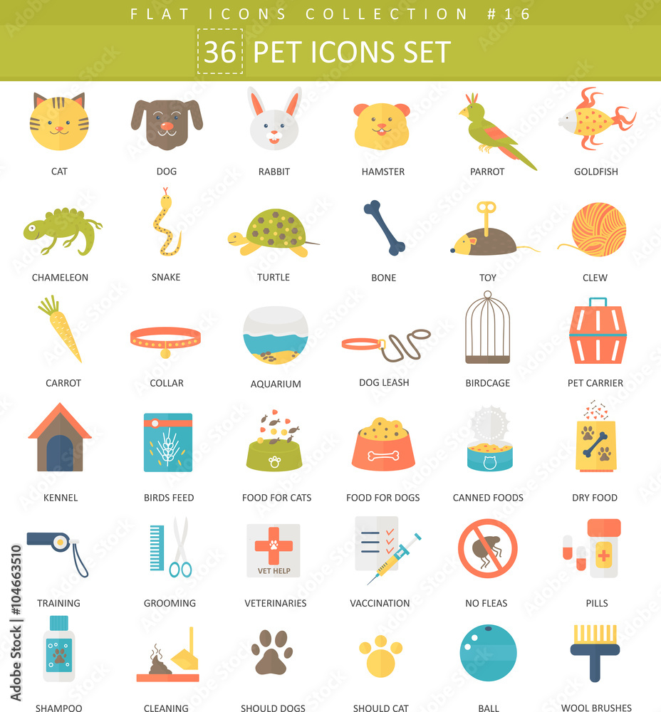 Vector pet color flat icon set. Elegant style design.