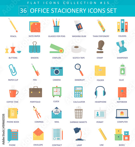 Vector Office stacionery color flat icon set. Elegant style design.