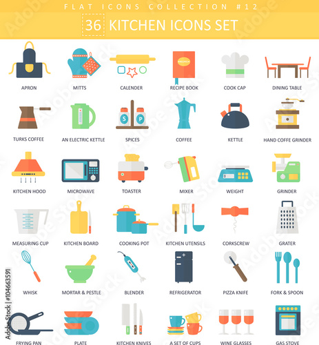 Vector kitchen color flat icon set. Elegant style design.