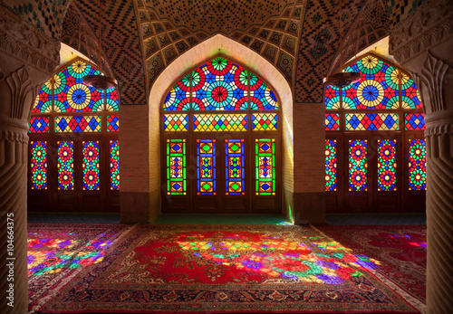 Interior of Nasirolmolk Mosque in Shiraz with Colorful Stained Glass Windows
