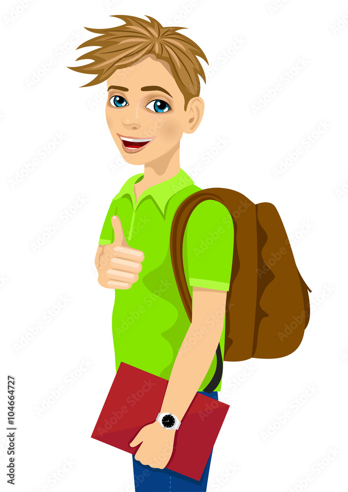 teenage student with backpack holding textbook and giving thumbs up teenage student with backpack holding textbook and giving thumbs up