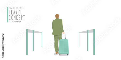 Businessman dragging a suitcase at the airport banner flat vecto