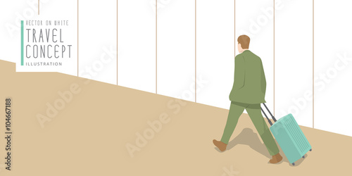 Businessman dragging a suitcase at the airport banner flat vecto