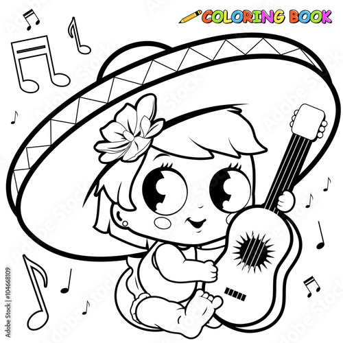 Mexican mariachi baby girl playing the guitar. Vector black and white coloring page.