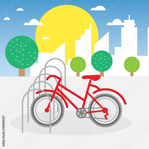 Bike parking vector illustration. Bike parking in the city with trees. Red bike with bicycle parking. Sun and summer