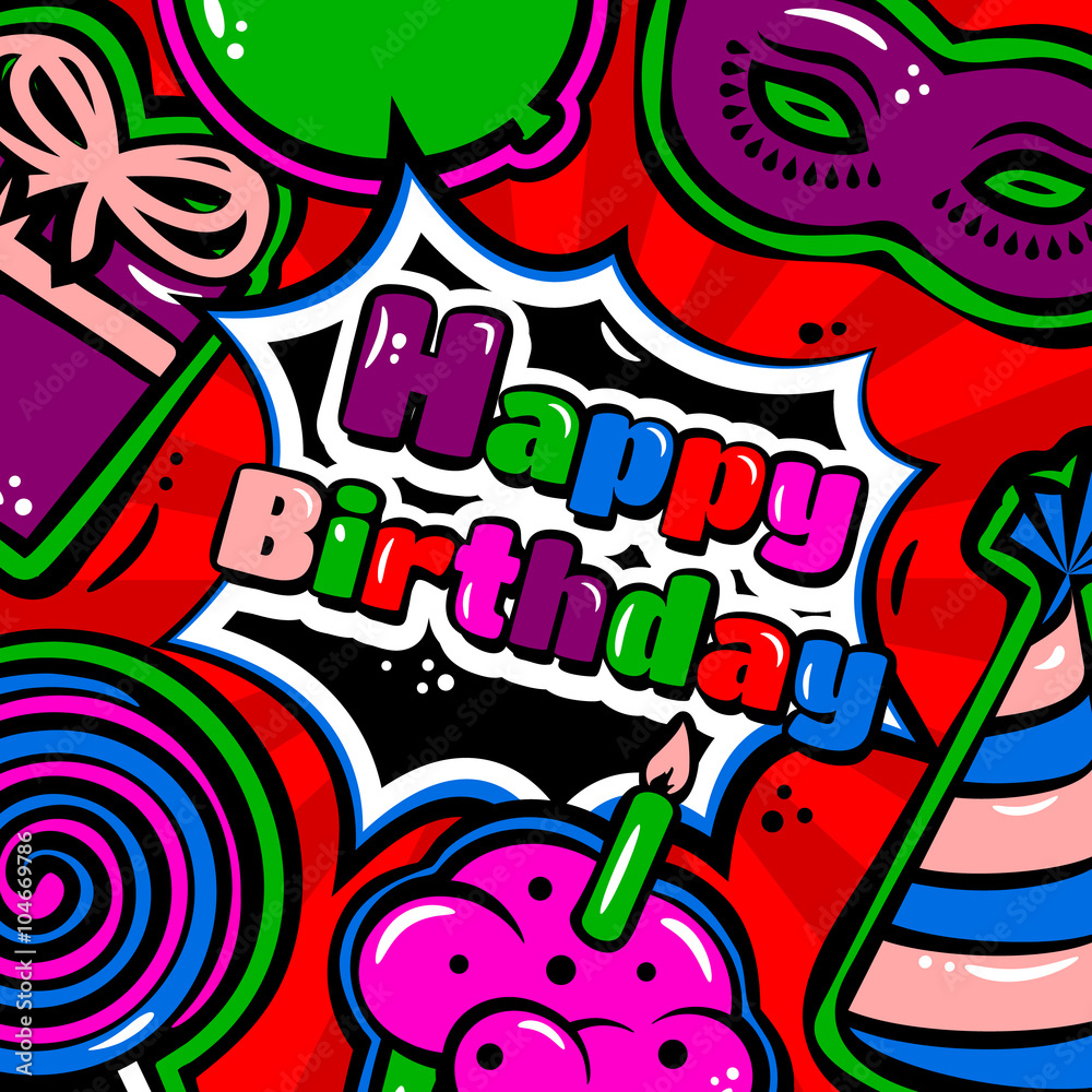 Birthday card with items, balloon, cake, hat, lollipop, masquerade and gift on red background. Vector