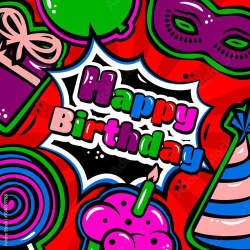 Birthday card with items  balloon  cake  hat  lollipop  masquerade and gift on red background. Vector