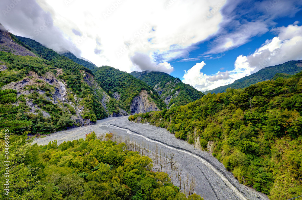 Beautiful river, trees, mountains in Hsin Chu rural area