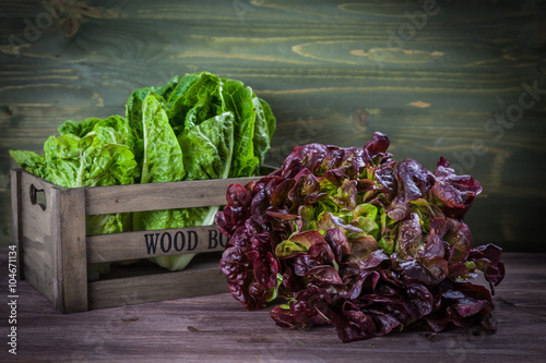 Assorted lettuce on wooden table photo