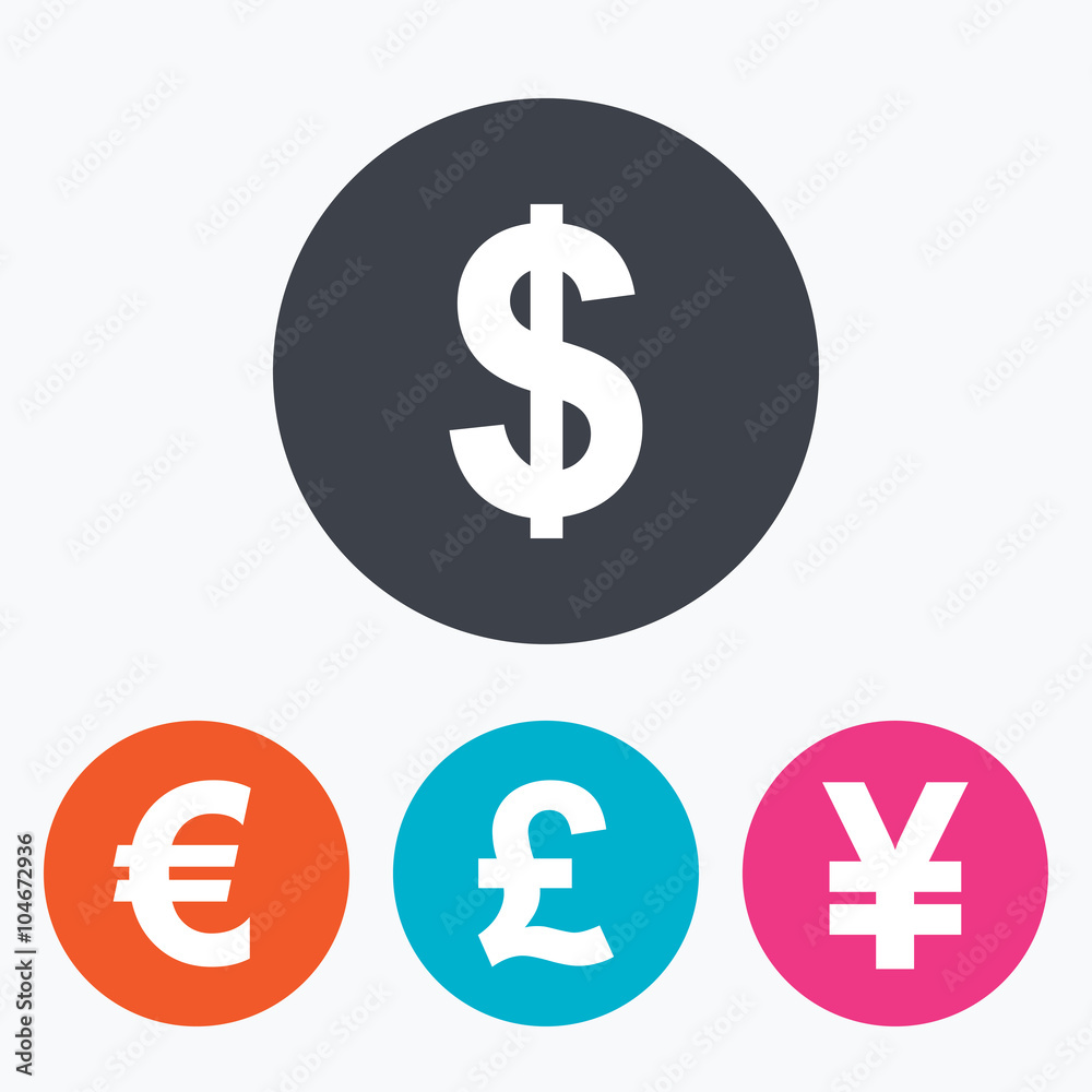 Dollar, Euro, Pound and Yen currency icons. Dollar, Euro, Pound and Yen currency icons.