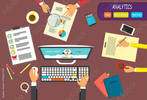 Business analytics and financial audit.Brainstorm. Search Engine Optimization programming business up trend statistics flat design style. Link between information system strategy and business strategy