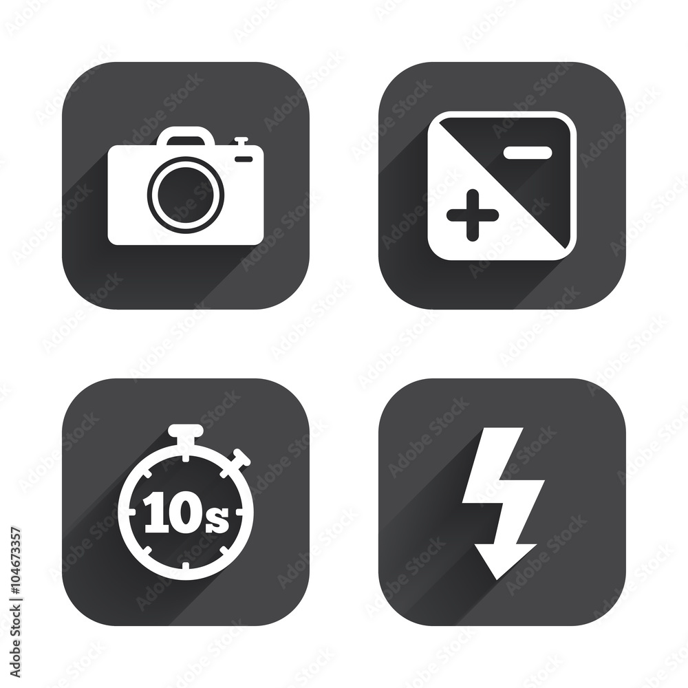 Photo camera icon. Flash light and exposure. Photo camera icon. Flash light and exposure.