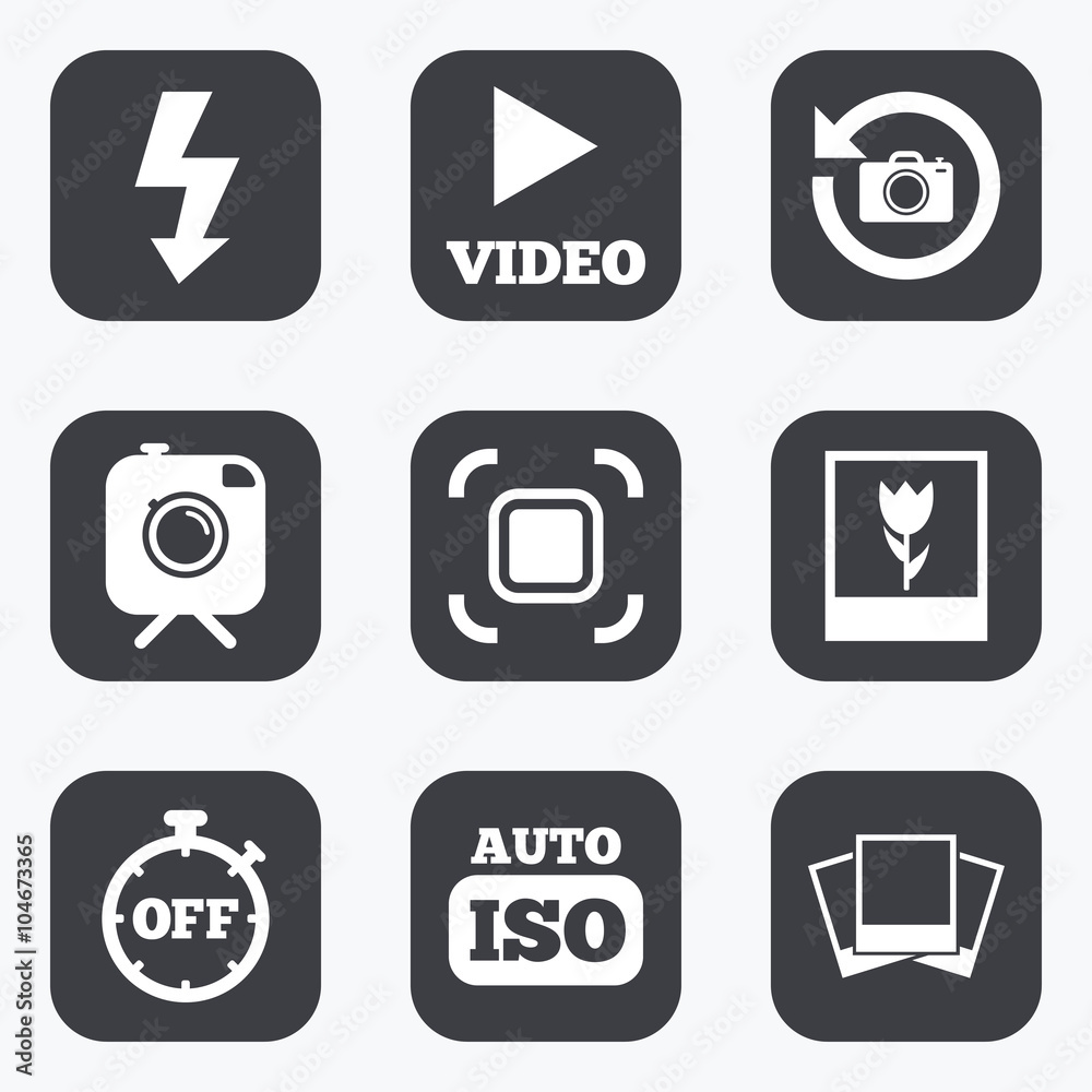 Photo, video icons. Camera, photos and frame. Photo, video icons. Camera, photos and frame.