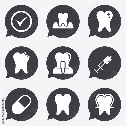 Tooth, dental care icons. Stomatology signs.