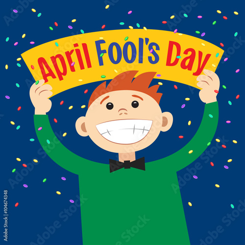 Funny cartoon man holding sign April Fools Day. 