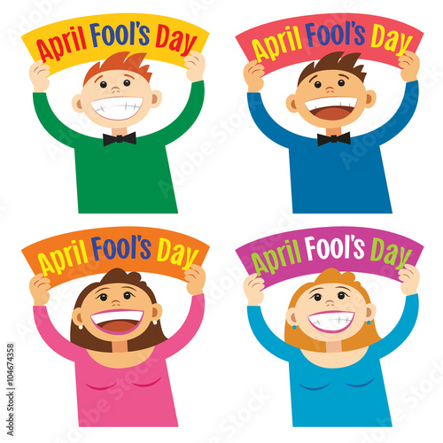 Funny cartoon people holding sign April Fools Day.