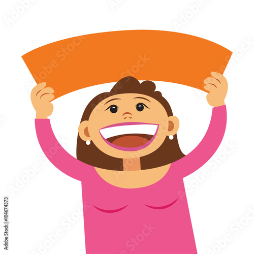 Funny cartoon woman holding blank sign. Smiling happy girl