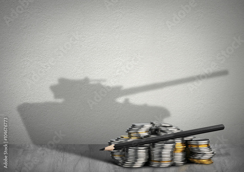 financing army concept, money with weapon shadow