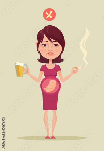 Pregnant smoking woman. Vector flat illustration