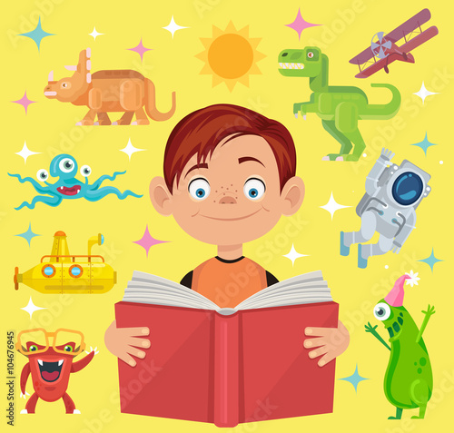 Boy reads fairy tale book. Vector flat cartoon illustration