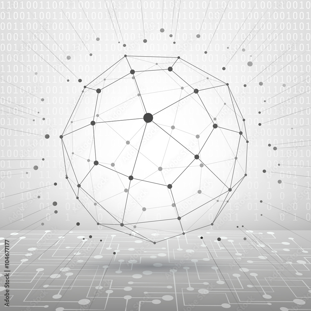 Obraz premium Triangular abstract monochrome lined 3D illustration, vector digital eps8 lattice messy technology background with spherical object.