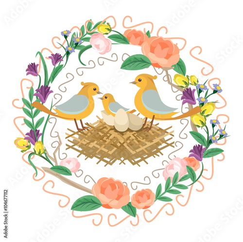 Floral frame with nest. Vector flat illustration