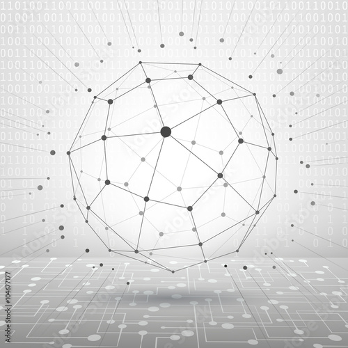 Triangular abstract monochrome lined 3D illustration, vector digital eps8 lattice messy technology background with spherical object.