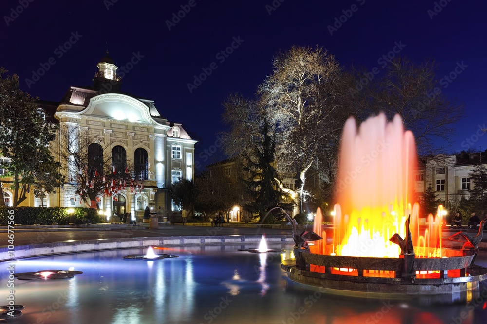 Amazing Night photos of Fountain in front of city hall in the center of Plovdiv, Bulgaria