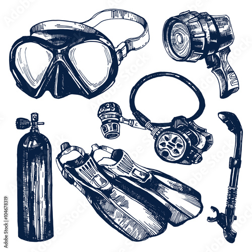 Scuba Diving Equipment Sketch Set.