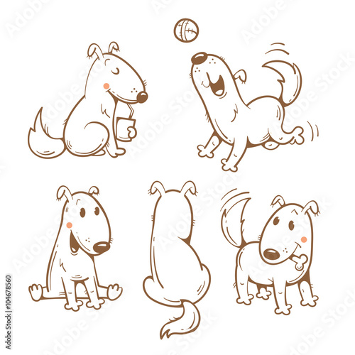 Cartoon funny dogs set. Vector image. Cute  puppy in different poses. Contour image.