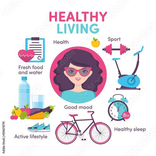 Icons healthy living, sport, food, clock, woman portrait 
