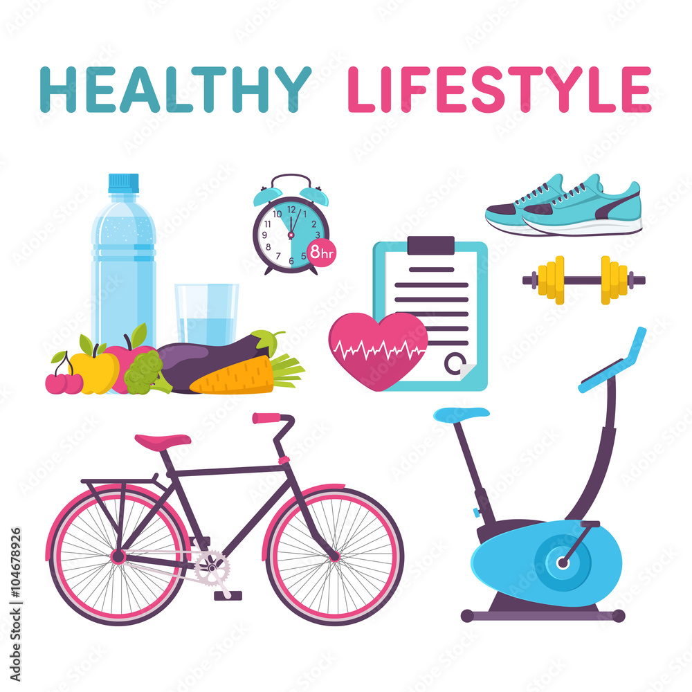 Icons healthy living, sport, food, clock