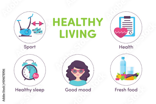 Icons healthy living, sport, food, clock, woman portrait