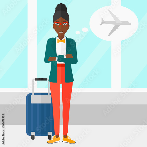 Woman frightened by future flight.
