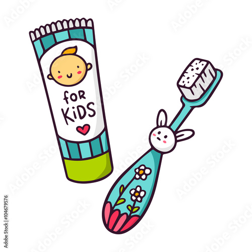 Vector baby toothpaste and toothbrush for kids isolated on white