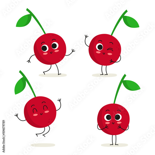 Cherry. Cute fruit character set isolated on white