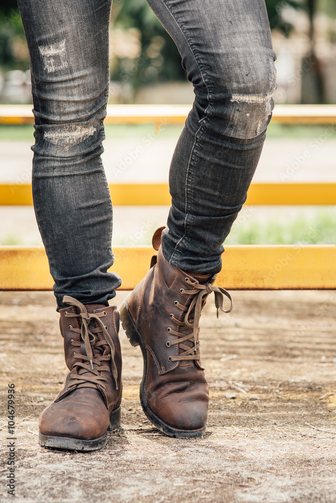 Men fashion legs in black jeans and brown leather boots Stock Photo | Adobe  Stock