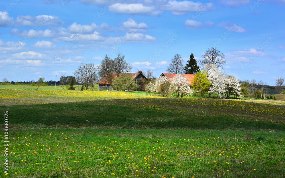 Old farm in spring sunny landscape Old farm in spring sunny landscape