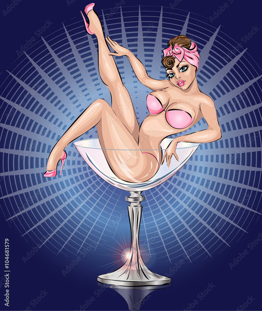 Pin Up sexy girl wearing pink bikini in Martini glass vector de Stock |  Adobe Stock