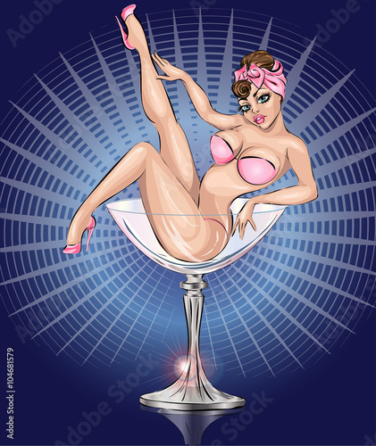 Pin Up sexy girl wearing pink bikini in Martini glass