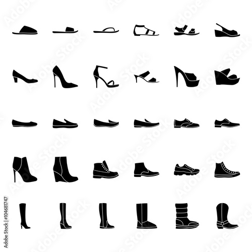 Set of men's and women's shoes icons, black silhouette